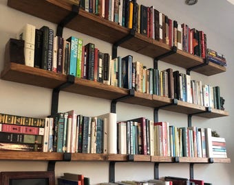 Farmhouse Floating Book Shelf: Solid Pine Wood & Heavy Duty Steel Brackets - Handmade in Texas