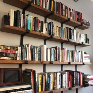 Bookcase Fixer Upper Farmhouse Floating Shelf, Flat Steel Industrial Shelf Bracket, Sold as ONE Shelf and TWO Brackets,  Handmade in Texas