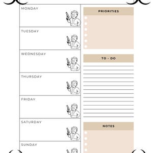 May include: A white weekly planner with black text and illustrations. The top reads "-WEEKLY PLANNER-". Each day of the week has a cartoon figure holding a gun. Sections for priorities, to-do, and notes are included.
