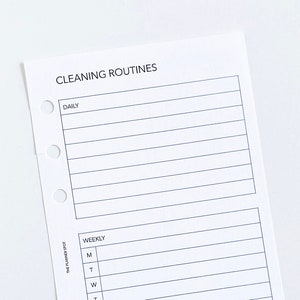 May include: A printable cleaning routine planner with sections for daily, weekly, and monthly tasks. The weekly section includes a column for each day of the week.