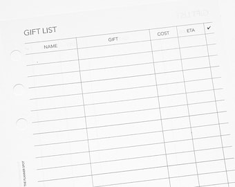 PRINTABLE Gift Lists Planner Insert - Personal Wide Size