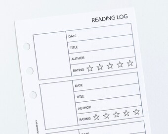 May include: A black and white reading log printable with four sections for recording book titles, authors, dates, and ratings. Each section has a space for the book title, author, date read, and a row of five stars for rating.