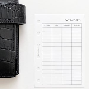 May include: A white printable password tracker sheet with the title "PASSWORDS" and columns for account, email, username, and password. The sheet is designed for use in a personal planner.