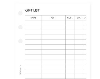Inserción del planificador de lista de regalos IMPRIMIBLE - Tamaño personal
