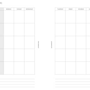 May include: A blank monthly calendar planner with a gray column on the left side for notes. The calendar is divided into seven days of the week: Monday, Tuesday, Wednesday, Thursday, Friday, Saturday, and Sunday. The calendar has lines at the bottom for additional notes.