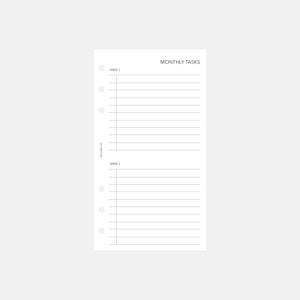 May include: A white printable planner page with the title "MONTHLY TASKS" and two sections labeled "WEEK 1" and "WEEK 2".