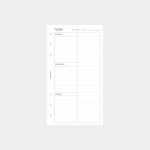 Könnte beinhalten: Eine schwarz-weiße Tagesplanerseite mit dem Wort "TODAY" oben. Die Seite ist in drei Abschnitte unterteilt: "MORNING", "AFTERNOON" und "EVENING". Es gibt Spalten für jeden Tag der Woche, beschriftet mit "M", "T", "W", "T", "F", "S" und "S".