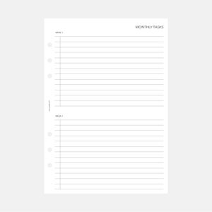 Op de afbeelding: Een witte planner-invoeging met de tekst "MONTHLY TASKS" bovenaan. De invoeging is verdeeld in twee secties met de labels "WEEK 1" en "WEEK 2", elk met gelijnde ruimtes voor notities. Het logo The Planner Spot is zichtbaar.