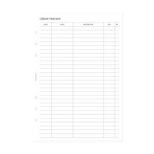 May include: A printable order tracker with columns for date, shop, description, estimated time of arrival (ETA), and a checkmark column. The tracker is designed for organizing and tracking online orders.