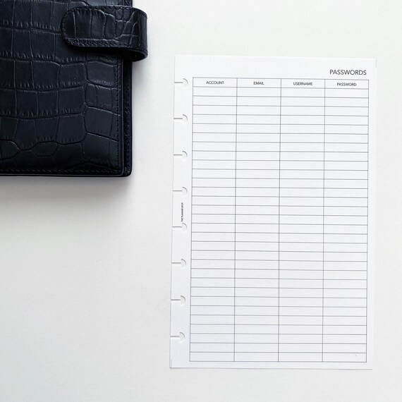 PRINTABLE Passwords Planner Insert Half Letter Size | Etsy
