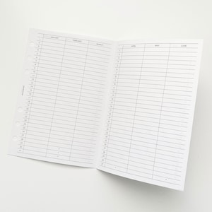 May include: A blank monthly calendar planner with a white background and black lines. The months are labeled January, February, March, April, May, and June.
