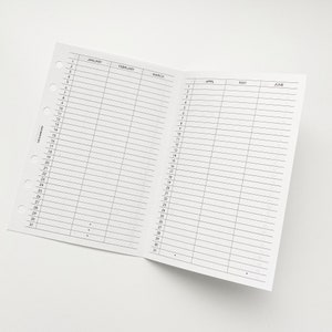 Könnte beinhalten: Ein leerer Monatskalenderplaner mit weißem Hintergrund und schwarzen Linien. Der Kalender ist in zwölf Monate unterteilt, wobei jeder Monat eine eigene Spalte hat. Die Monate sind mit Januar, Februar, März, April, Mai und Juni beschriftet. Die Tage des Monats sind von 1 bis 31 nummeriert.