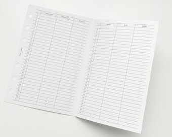 May include: A blank monthly calendar planner with a white background and black lines. The calendar is divided into twelve months, with each month having its own column. The months are labeled January, February, March, April, May, and June. The days of the month are numbered 1 through 31.