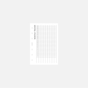 May include: A black and white monthly tracker printable with the text "MONTHLY TRACKER" at the top. The tracker has 31 columns for each day of the month and 12 rows for each month of the year.