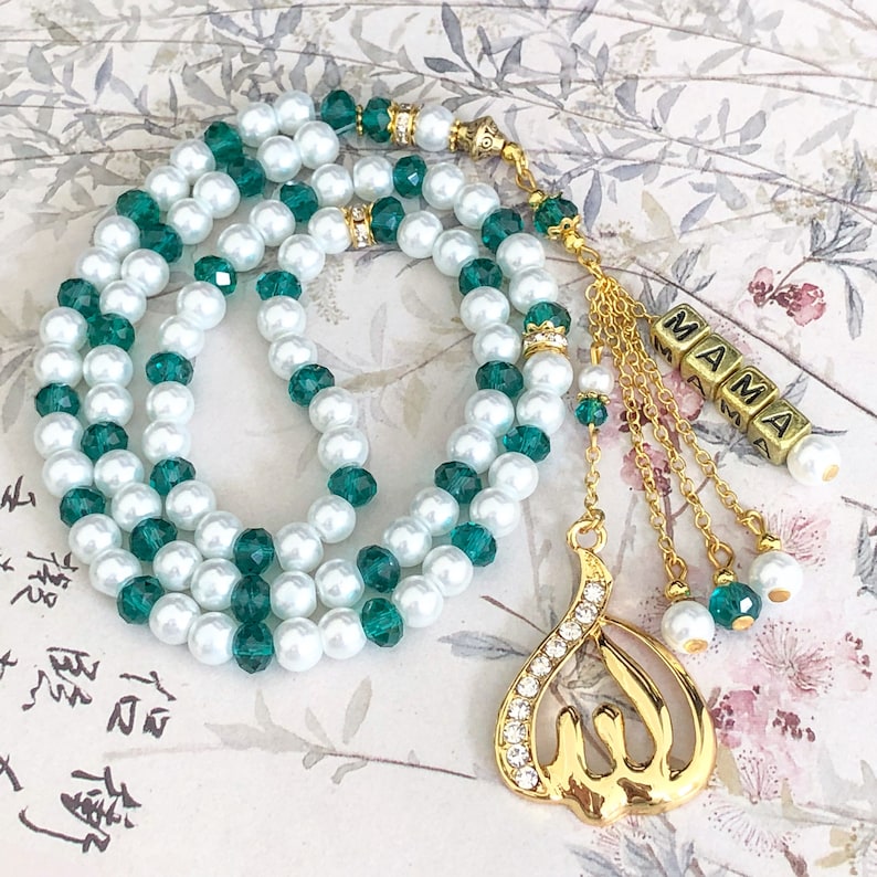 Pearl & crystal personalised tasbihs mibaha prayer beads White & turquoise