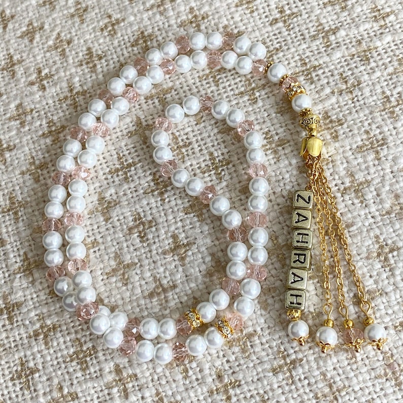 Pearl & crystal personalised tasbihs mibaha prayer beads White & pink