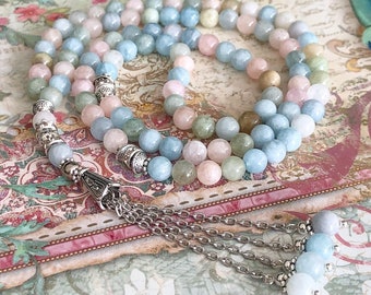Natural Morganite gemstone tasbih, prayer beads.
