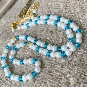 Pearl & crystal personalised tasbihs mibaha prayer beads White & Aquamarine