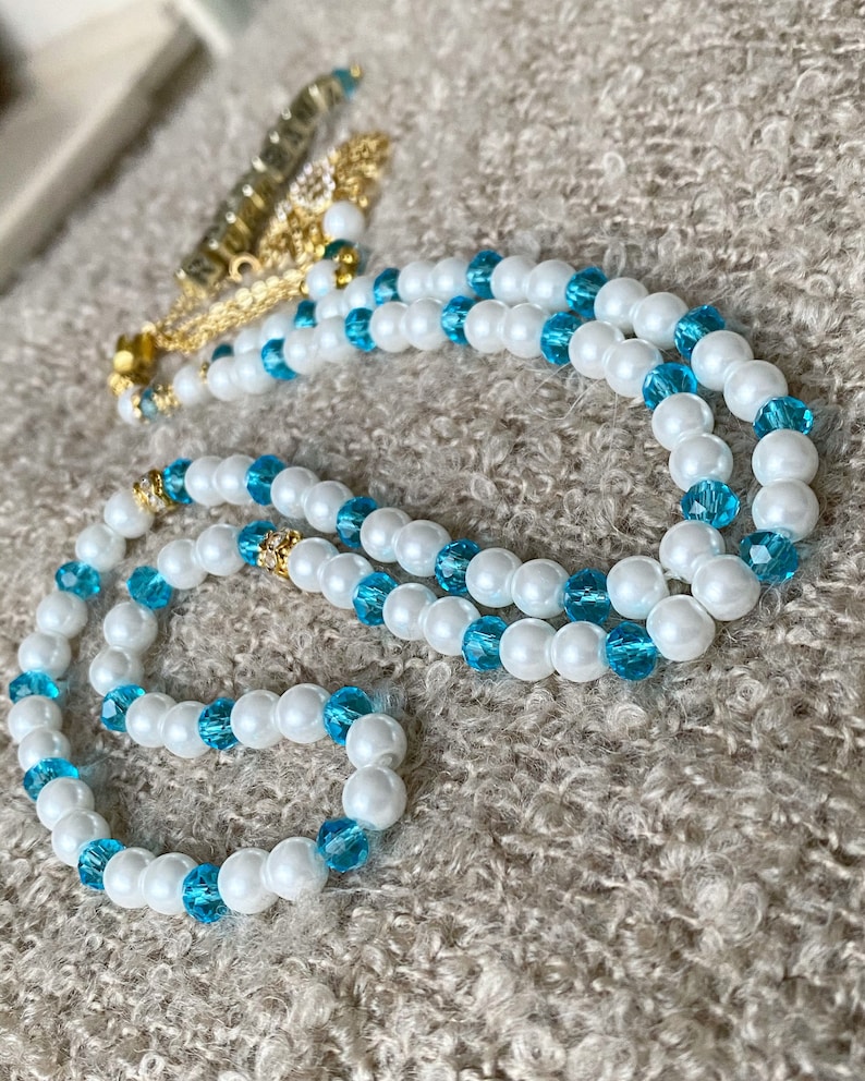 Pearl & crystal personalised tasbihs mibaha prayer beads White & Aquamarine