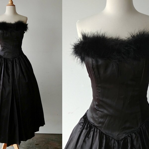 Rein de la Balle 50s Gown | Late 40s Early 50s Black Satin & Marabou Feather Evening Gown, Couture Quality