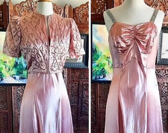 The Starlette | 1930s / 40s Deep Blush Satin Gown With Matching Trapunto Metalic Gold Braided Bolero Jacket