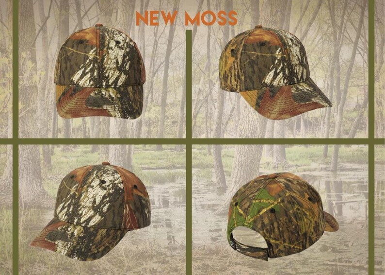Pu&ograve; includere: Quattro cappellini da baseball con un motivo mimetico nei toni del marrone, verde e bianco sono esposti. I cappellini hanno una visiera curva e una corona strutturata. Il testo "NEW MOSS" &egrave; nella parte superiore centrale dell'immagine.