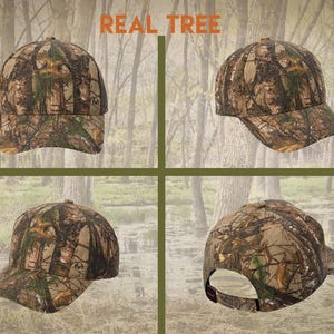 May include: A camouflage baseball cap with the words "REAL TREE" printed on the front. The cap is shown from four different angles.