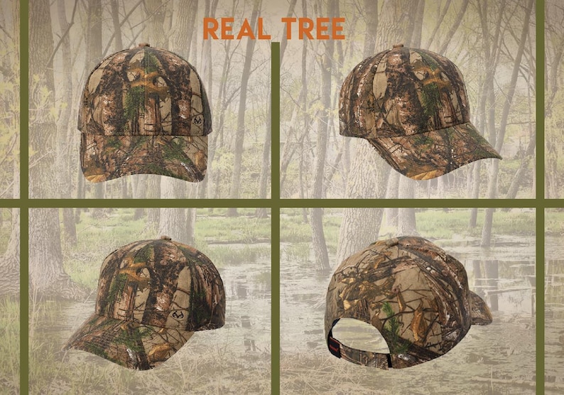 May include: A camouflage baseball cap with the words "REAL TREE" printed on the front. The cap is shown from four different angles.
