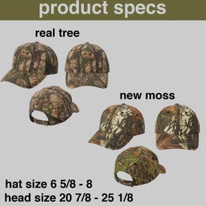 Pu&ograve; includere: Cappellini da baseball mimetici nei modelli "real tree" e "new moss". I cappellini sono mostrati da pi&ugrave; angolazioni, con il testo "product specs" in alto. Taglia cappello 6 5/8 - 8, circonferenza testa 20 7/8 - 25 1/8 pollici.