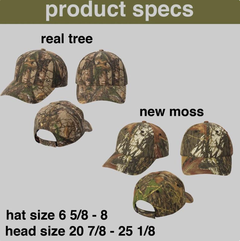 Pu&ograve; includere: Cappellini da baseball mimetici nei modelli "real tree" e "new moss". I cappellini sono mostrati da pi&ugrave; angolazioni, con il testo "product specs" in alto. Taglia cappello 6 5/8 - 8, circonferenza testa 20 7/8 - 25 1/8 pollici.