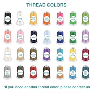 May include: An image showcasing a variety of thread colors, each displayed on a spool. The colors include black, white, golden yellow, neon orange, neon pink, neon green, mid green, coral pink, light pink, navy, light blue, royal blue, kelly green, lavender, natural, tan, military green, purple, teal, sun yellow, maroon, light grey, charcoal, red, brown, light brown, mid blue, and deep aqua.