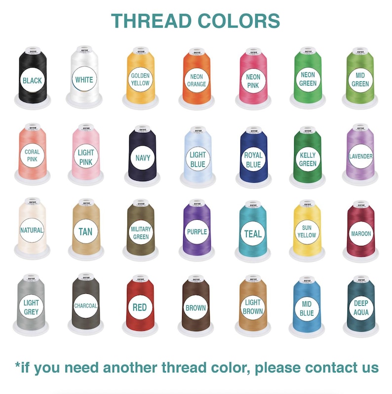 May include: An image showcasing a variety of thread colors, each displayed on a spool. The colors include black, white, golden yellow, neon orange, neon pink, neon green, mid green, coral pink, light pink, navy, light blue, royal blue, kelly green, lavender, natural, tan, military green, purple, teal, sun yellow, maroon, light grey, charcoal, red, brown, light brown, mid blue, and deep aqua.