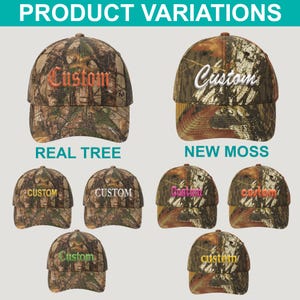 May include: Six different camo baseball caps with the word "Custom" embroidered on the front in various colours. The caps are available in Real Tree and New Moss camo patterns.