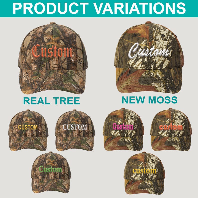 May include: Six different camo baseball caps with the word "Custom" embroidered on the front in various colours. The caps are available in Real Tree and New Moss camo patterns.
