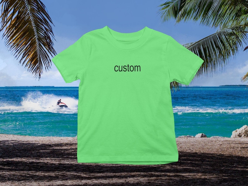May include: A bright green t-shirt with the word "custom" printed in black on the front.
