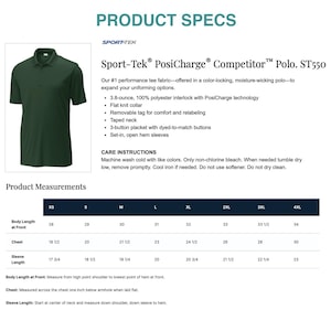 May include: Dark green Sport-Tek PosiCharge Competitor Polo shirt. The image shows product specifications, including measurements and care instructions. The shirt has a flat knit collar, a 3-button placket, and open hem sleeves.
