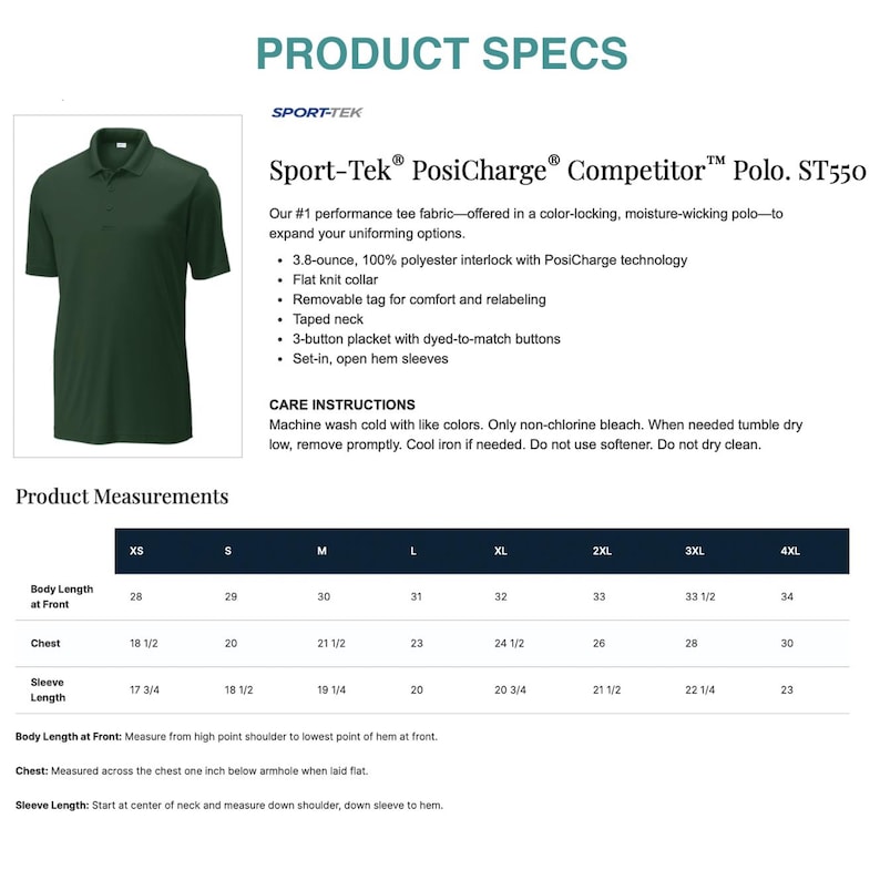 May include: Dark green Sport-Tek PosiCharge Competitor Polo shirt. The image shows product specifications, including measurements and care instructions. The shirt has a flat knit collar, a 3-button placket, and open hem sleeves.