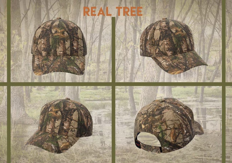Pu&ograve; includere: Quattro viste di un cappellino da baseball mimetico con la scritta "REAL TREE" in arancione. Il cappellino presenta un motivo marrone, verde e beige, con una visiera curva e un cinturino regolabile. Ideale per attivit&agrave; all'aperto.