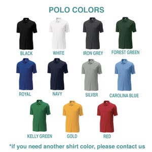 May include: An image showcasing a variety of polo shirts in different colors. The shirts are displayed in rows and columns, with each shirt labeled with its color: black, white, iron grey, forest green, royal, navy, silver, Carolina blue, Kelly green, gold, and red.