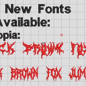 Op de afbeelding: Een digitaal borduurontwerpvoorbeeld op een rasterachtergrond met de tekst Two New Fonts Available: Art Dystopia: THE QUICK BROWN FOX JUMPS en Morvanh: THE QUICK BROWN FOX JUMPS. De lettertypenamen zijn zwart en de voorbeeldtekst is rood.