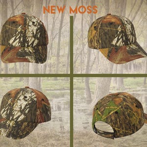 May include: Four camouflage baseball caps with a brown brim. The caps have a variety of camouflage patterns, including green, brown, and white.