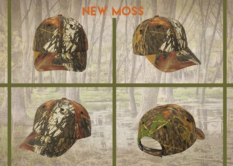 May include: Four camouflage baseball caps with a brown brim. The caps have a variety of camouflage patterns, including green, brown, and white.