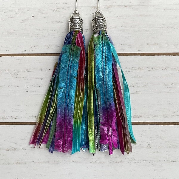 Tassel fringe earrings in shades of blue, pink, green and purple. boho earrings, long tassel earrings. trendy