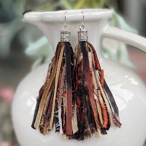 Tassel fringe earrings in shades of brown, copper, black and tan, boho earrings, long tassel earrings.
