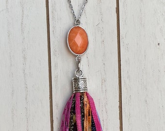 Multi colored tassel necklace, boho jewelry, long tassel necklace