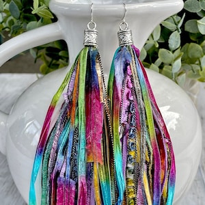 Long tassel fringe earrings. pink, blue, yellow, green, purple, boho earrings, long tassel earrings.