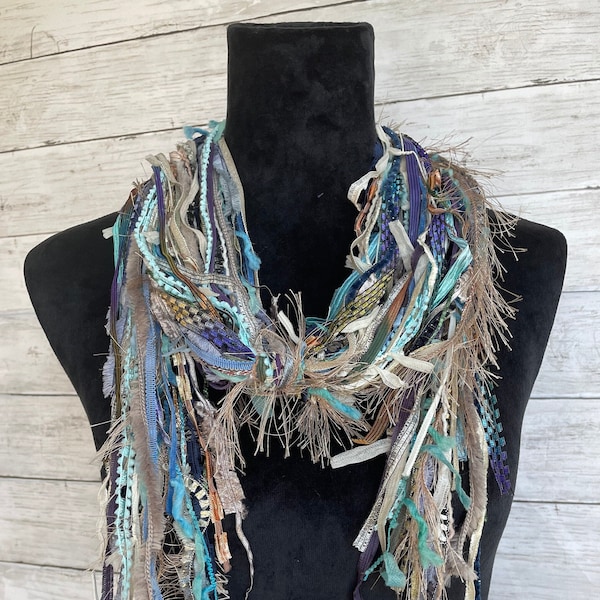 Womens unique, fun, lightweight boho scarf in shades of blue, green, purple, taupe, grey, copper and cream.