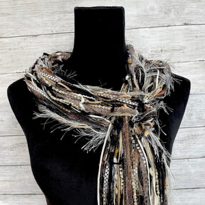 Women's boho fall scarf,  versatile and lightweight in shades of brown, black, cream, grey and white