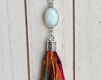 Multi colored tassel necklace, boho jewelry, long tassel necklace