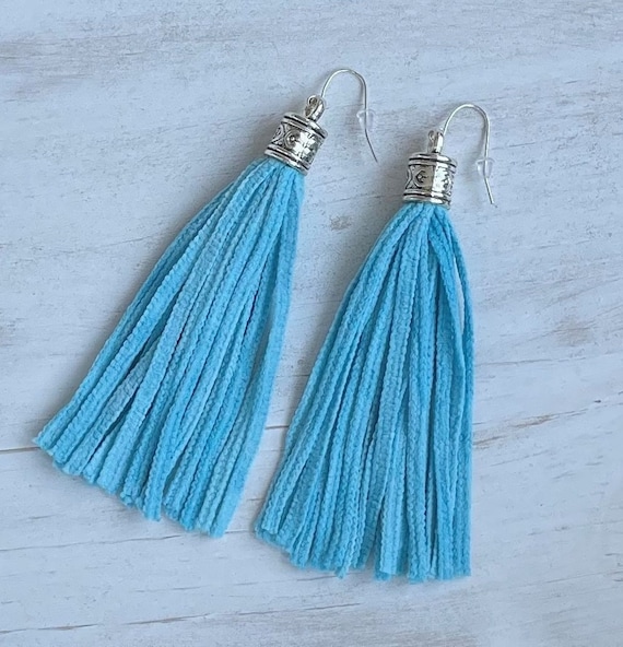 Baby blue tassel best sale earrings